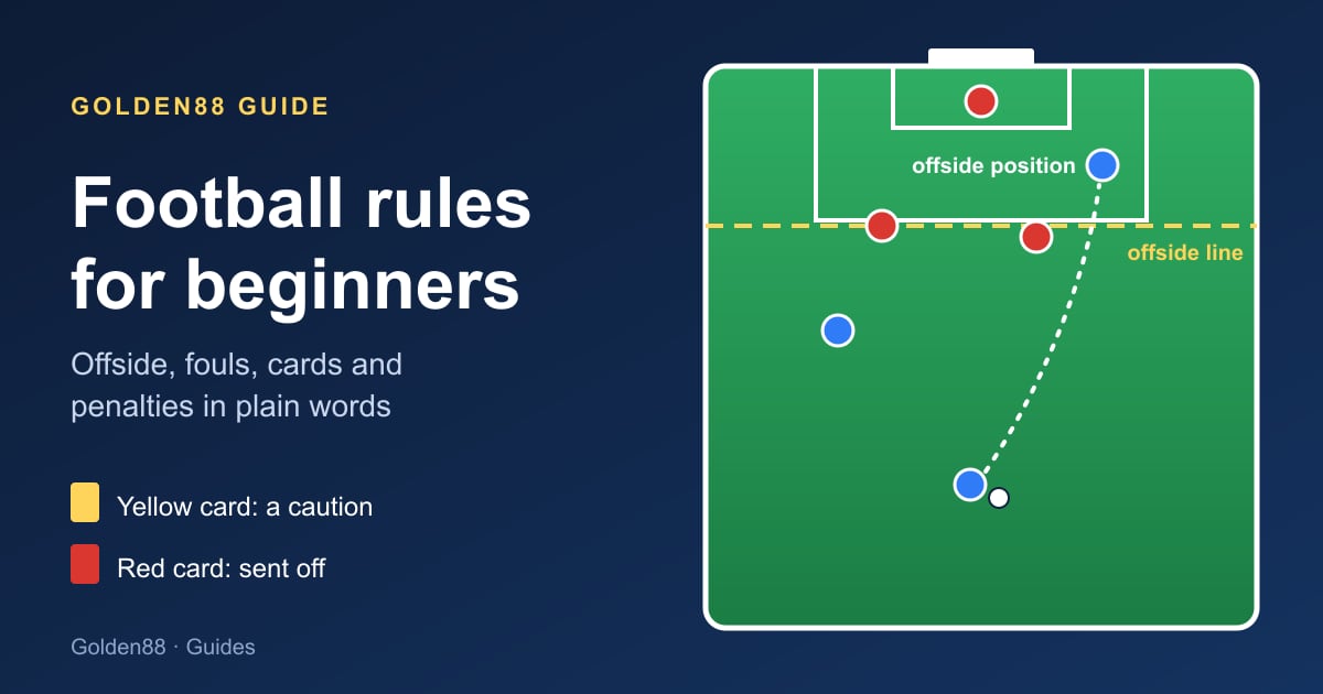 Diagram of a football pitch near one goal showing the offside line through the second-last defender, an attacker in an offside position and a pass from midfield